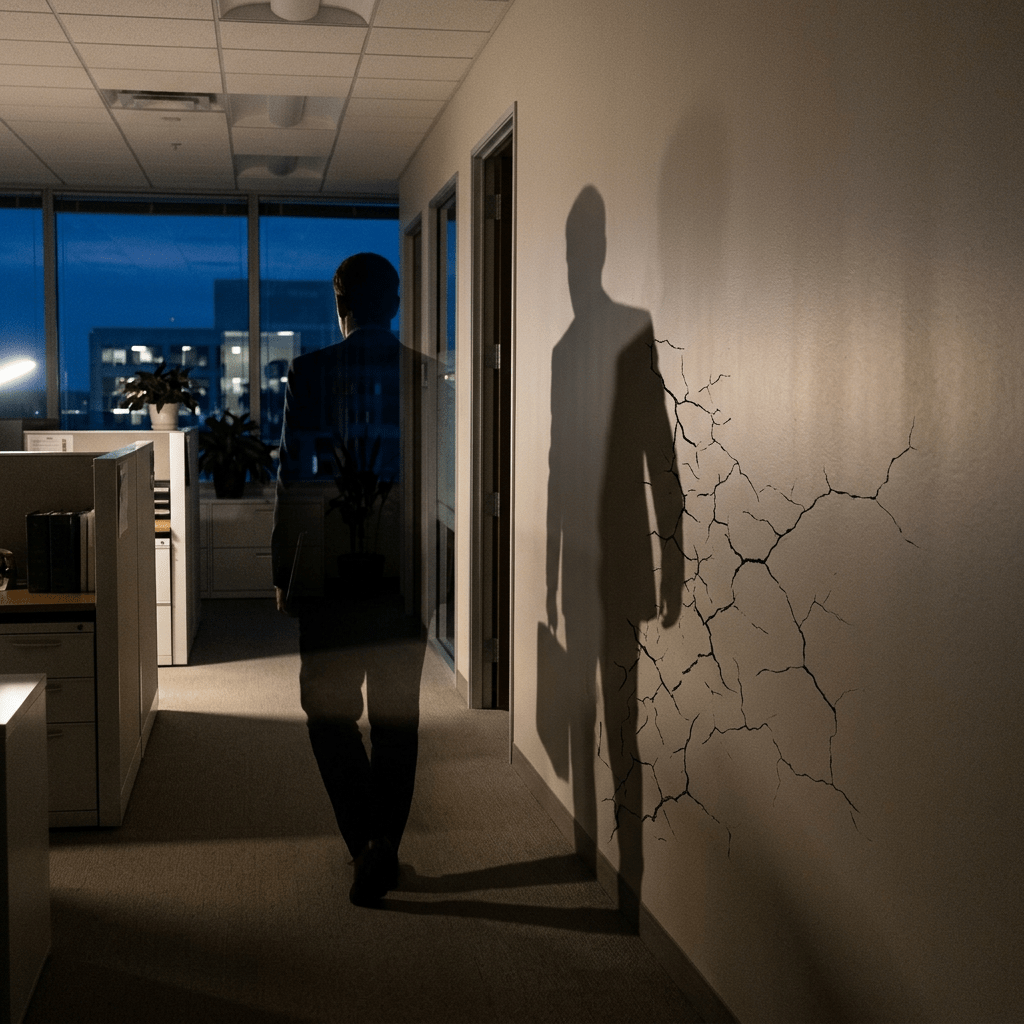 Man walking in office hallway with cracked wall shadow